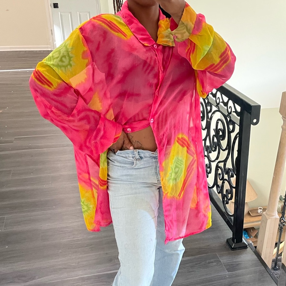 Vintage Sheer Blouse Top Shirt Oversized Button Up